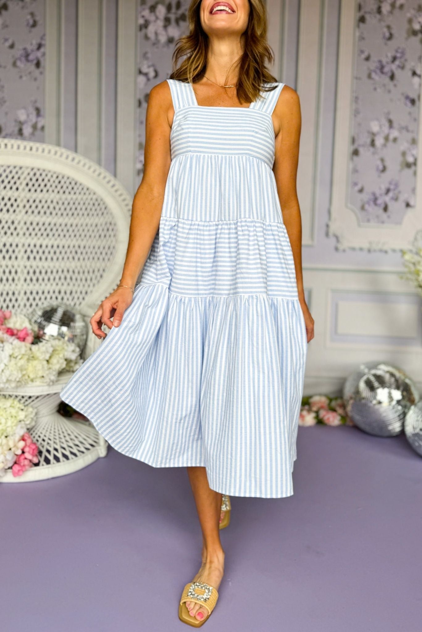 Blue Striped Multi Tiered Midi Dress, striped dress, spring dress, elevated dress, must have dress, mothers day dress, special occasion dress, spring style, summer style, church dress, mom style, shop style your senses by Mallory Fitzsimmons, ssys by Mallory Fitzsimmons  Edit alt text