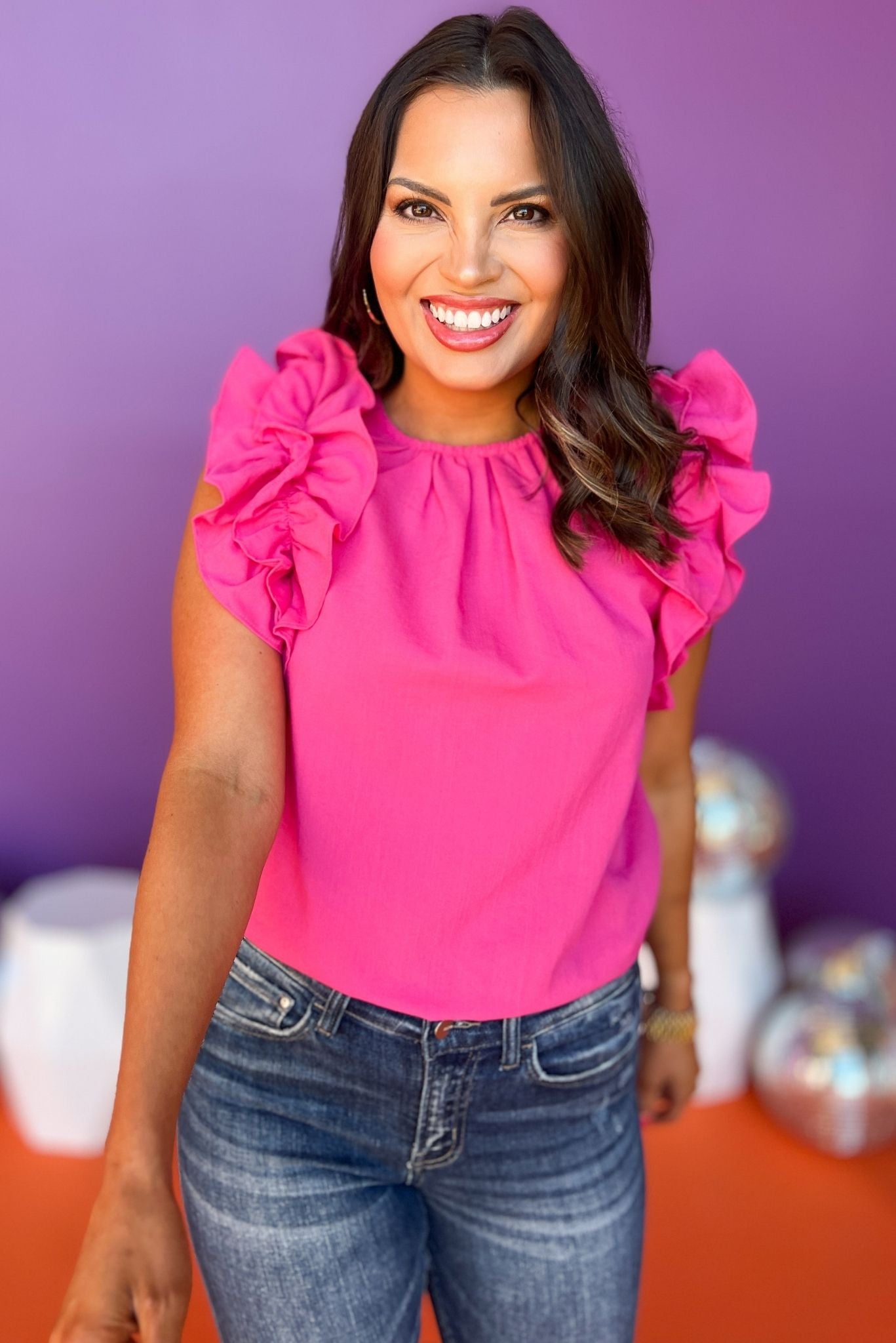 Pink Gathered Ruffle Sleeve Top, statement sleeve top, bright top, must have top, must have style, summer style, spring fashion, elevated style, elevated top, mom style, shop style your senses by mallory fitzsimmons, ssys by mallory fitzsimmons Edit alt text
