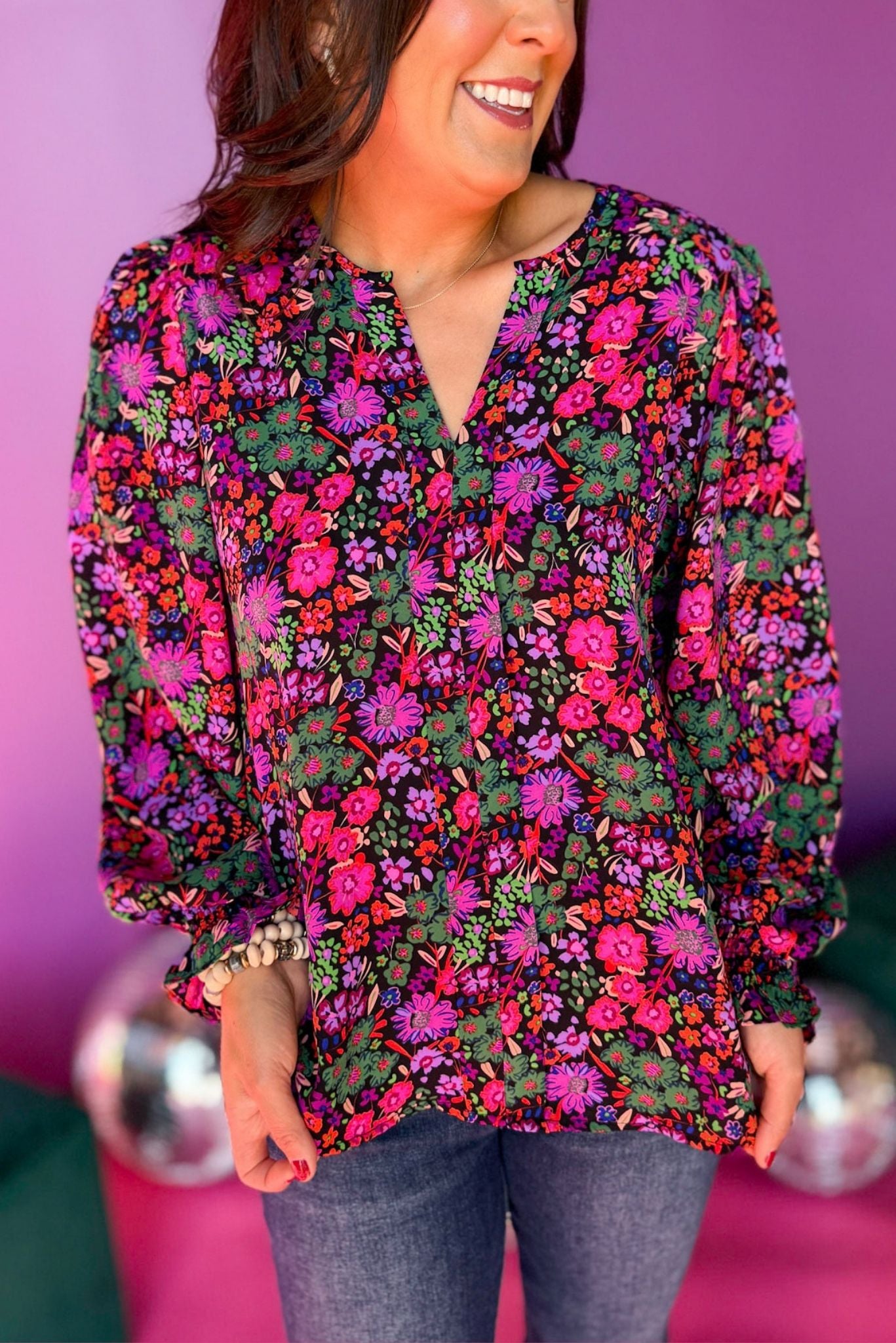Black Floral Printed Split Neck Long Sleeve Top, must have top, must have style, winter style, winter fashion, elevated style, elevated top, mom style, winter top, shop style your senses by mallory fitzsimmons