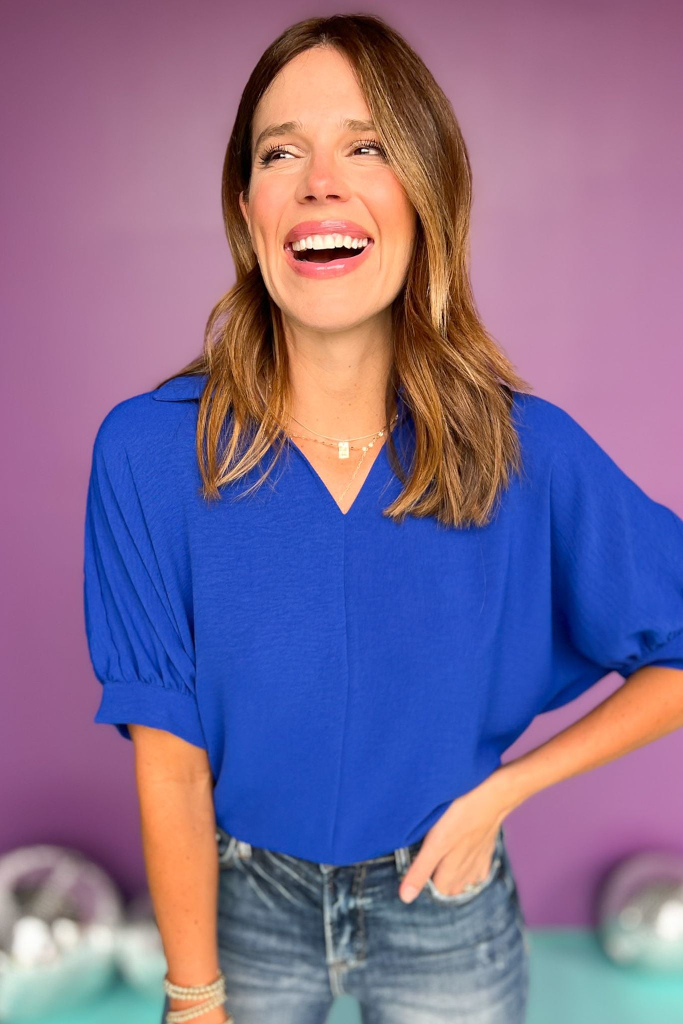 Blue Collared V Neck Short Sleeve Top, top, collared top, v neck top, short sleeve top, blue top, blue collared top, blue v neck top, blue short sleeve top, must have top, elevated top, elevated style, Shop Style Your Senses by Mallory Fitzsimmons, SSYS by Mallory Fitzsimmons