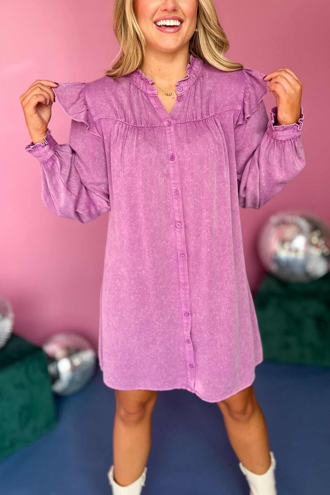 Purple Washed Button Front Frilled Neck Ruffle Long Sleeve Dress, must have dress, must have style, fall style, fall fashion, elevated style, elevated dress, mom style, fall collection, fall dress, shop style your senses by mallory fitzsimmons