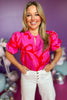Fuchsia Floral Printed Split Neck Bubble Short Sleeve Top, printed top,  must have top, must have style, office style, spring fashion, elevated style, elevated top, mom style, work top, shop style your senses by mallory fitzsimmons