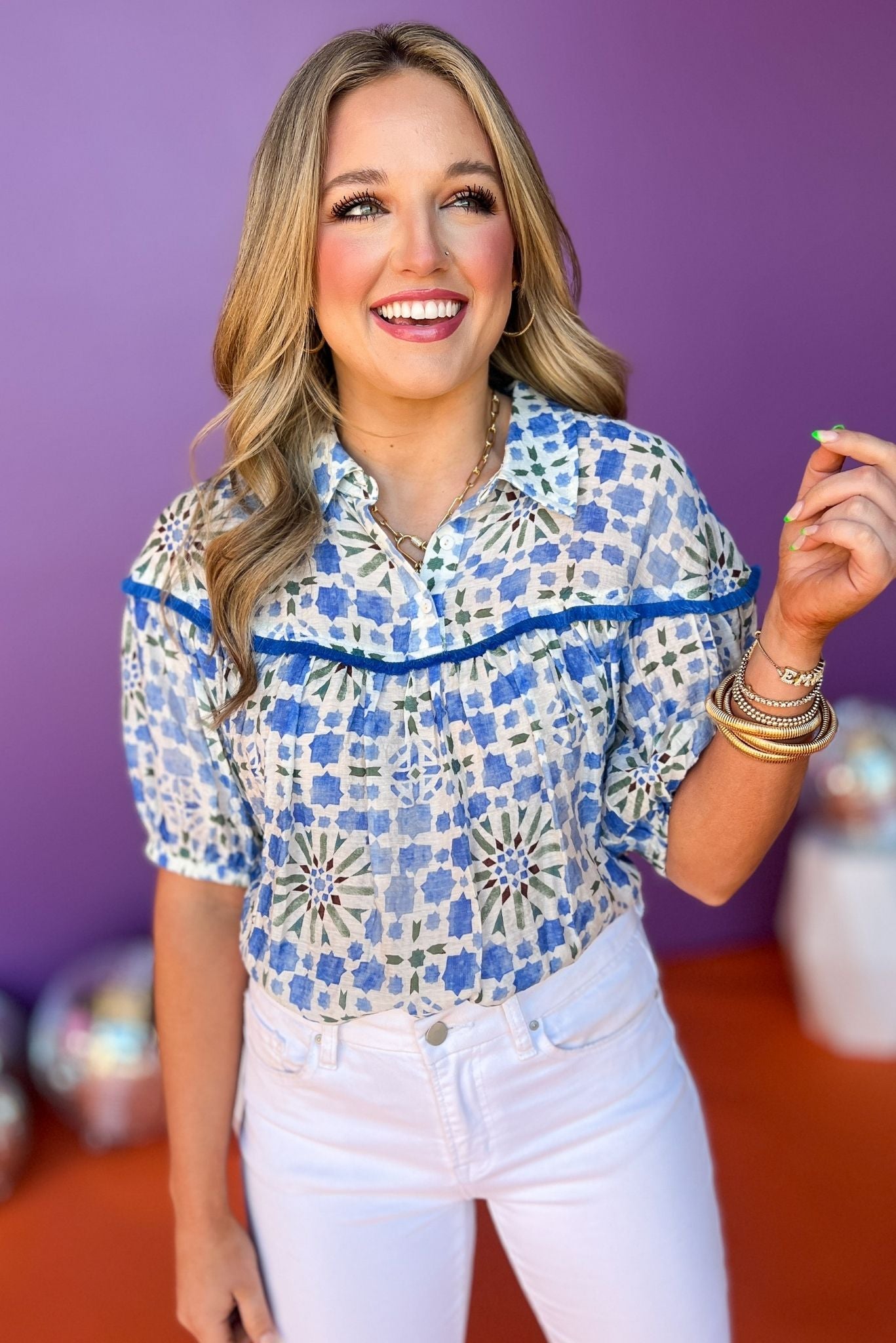 Blue Floral Fringed Yoke Collared Top, printed top, must have top, must have style, summer style, spring fashion, elevated style, elevated top, mom style, shop style your senses by mallory fitzsimmons, ssys by mallory fitzsimmons