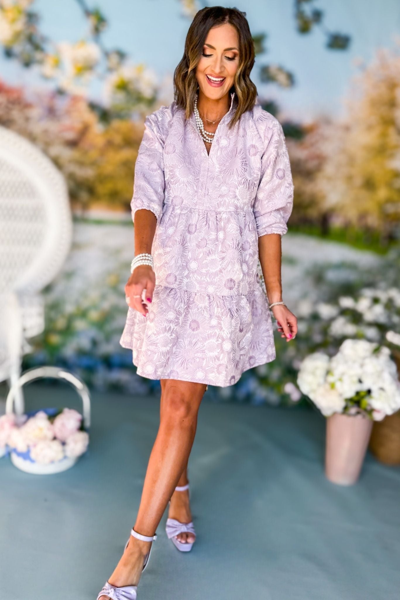SSYS The Gloria 3/4 Sleeve Tiered Brocade Dress In Lavender, ssys the label, must have dress, brocade dress, easter dress, must have easter dress, spring fashion, mom style, brunch style, church style, shop style your senses by mallory fitzsimmons, ssys by mallory fitzsimmons
