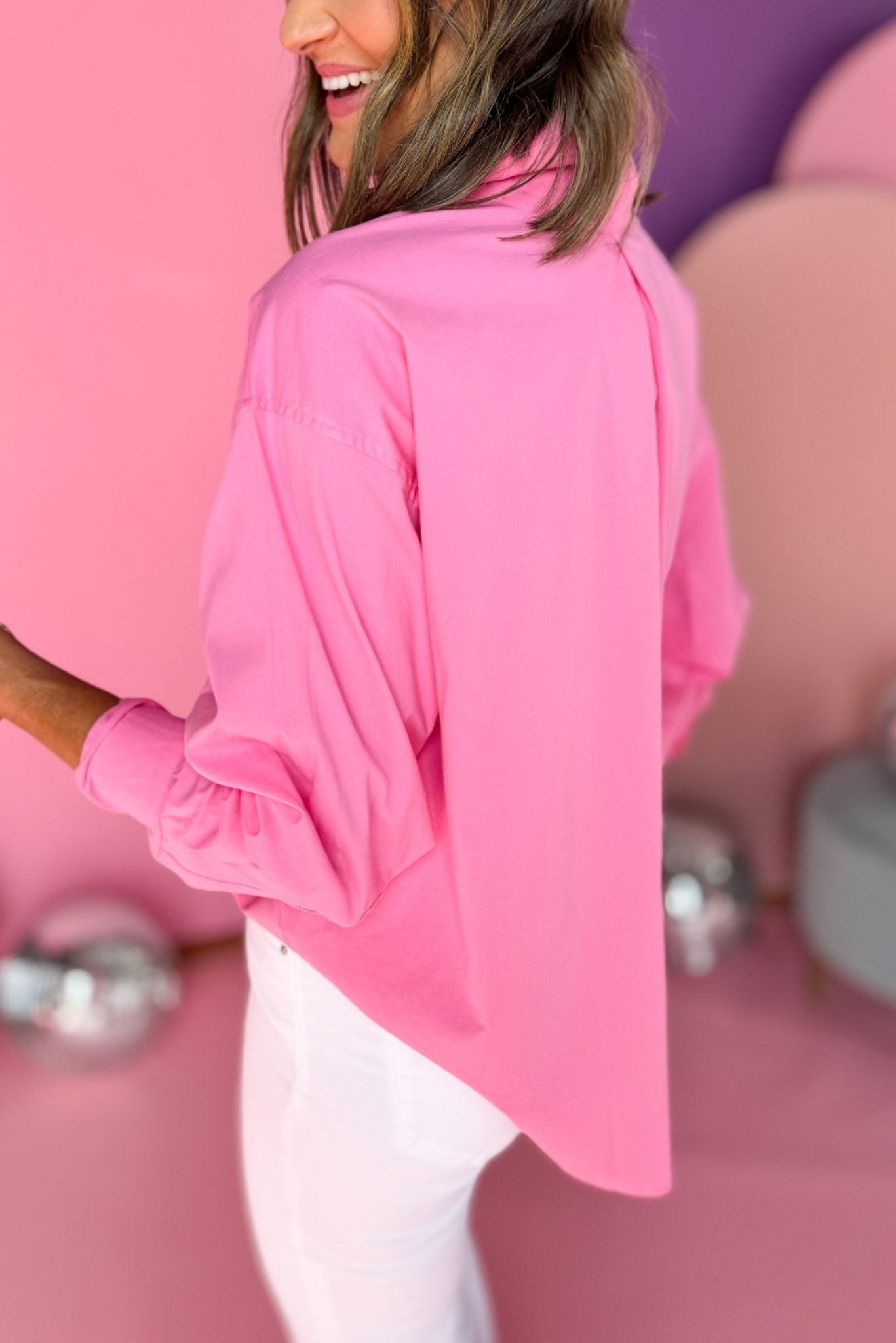 Karlie Pink Solid Poplin Collared Button Down Oversized Top, coming soon, pink top, karlie top, must have top, must have style, office style, spring fashion, elevated style, elevated top, mom style, work top, shop style your senses by mallory fitzsimmons, ssys by mallory fitzsimmons