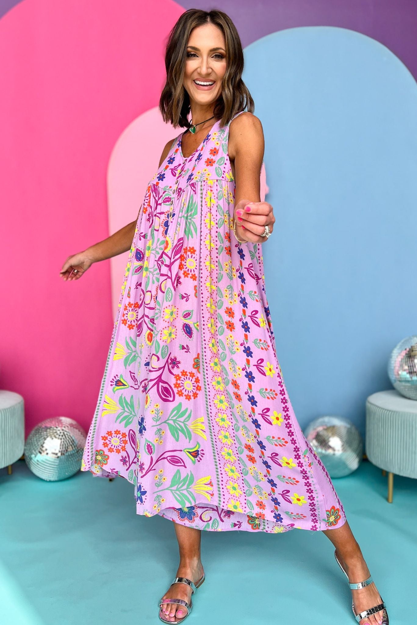 Lilac Print Round Neck Sleeveless Wide Leg Jumpsuit, printed jumpsuit, elevated jumpsuit, spring style, spring fashion, wide leg jumpsuit, mom style, shop style your senses by mallory fitzsimmons, ssys by mallory fitzsimmons