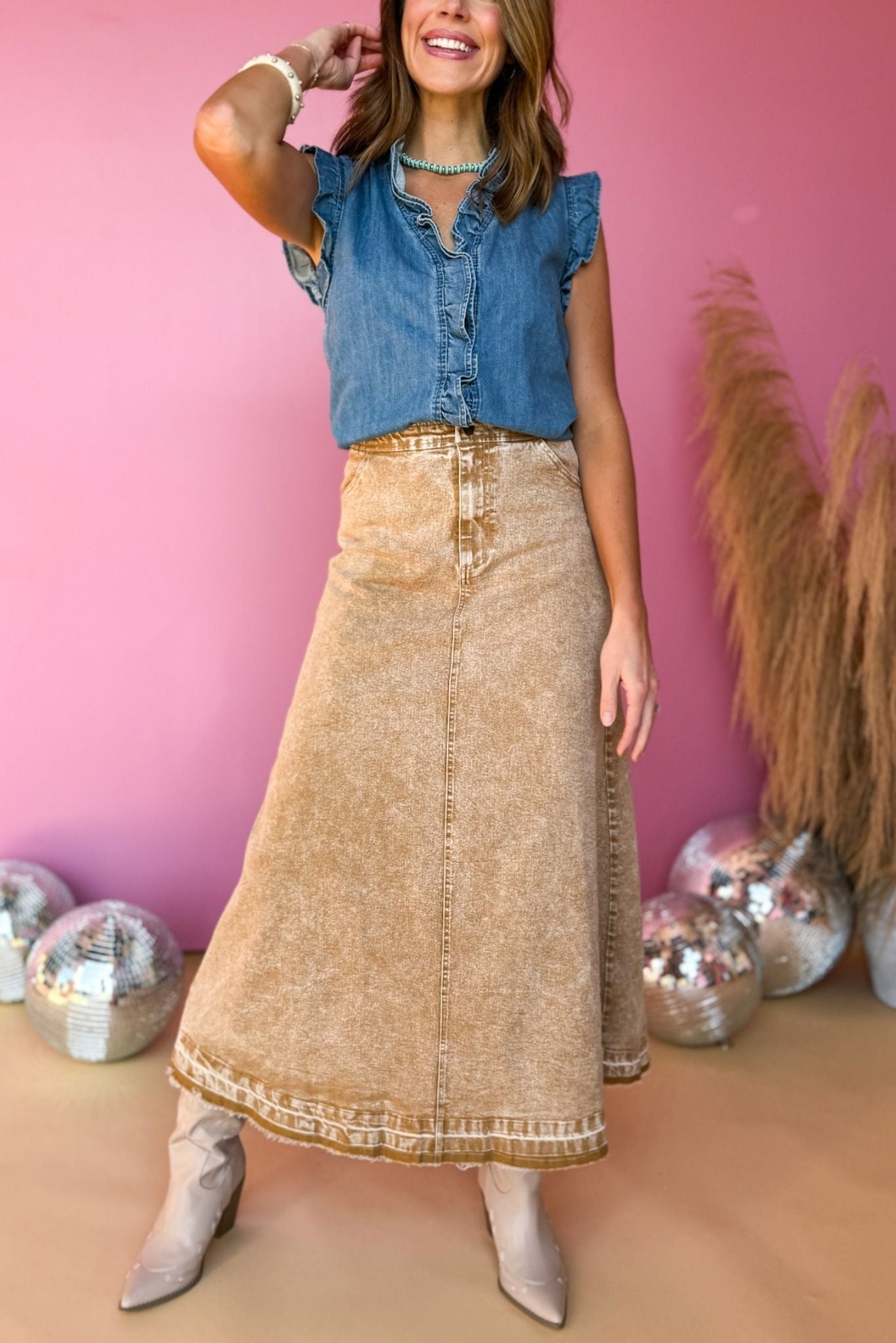Tan Washed Denim Front Closure Raw Hem Skirt, Western skirt, western style, rodeo style, concert style, must have concert, must have style, elevated skirt, elevated style, spring style, mom style, shop style your senses by Mallory Fitzsimmons, says by Mallory Fitzsimmons