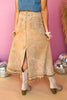 Tan Washed Denim Front Closure Raw Hem Skirt, Western skirt, western style, rodeo style, concert style, must have concert, must have style, elevated skirt, elevated style, spring style, mom style, shop style your senses by Mallory Fitzsimmons, says by Mallory Fitzsimmons