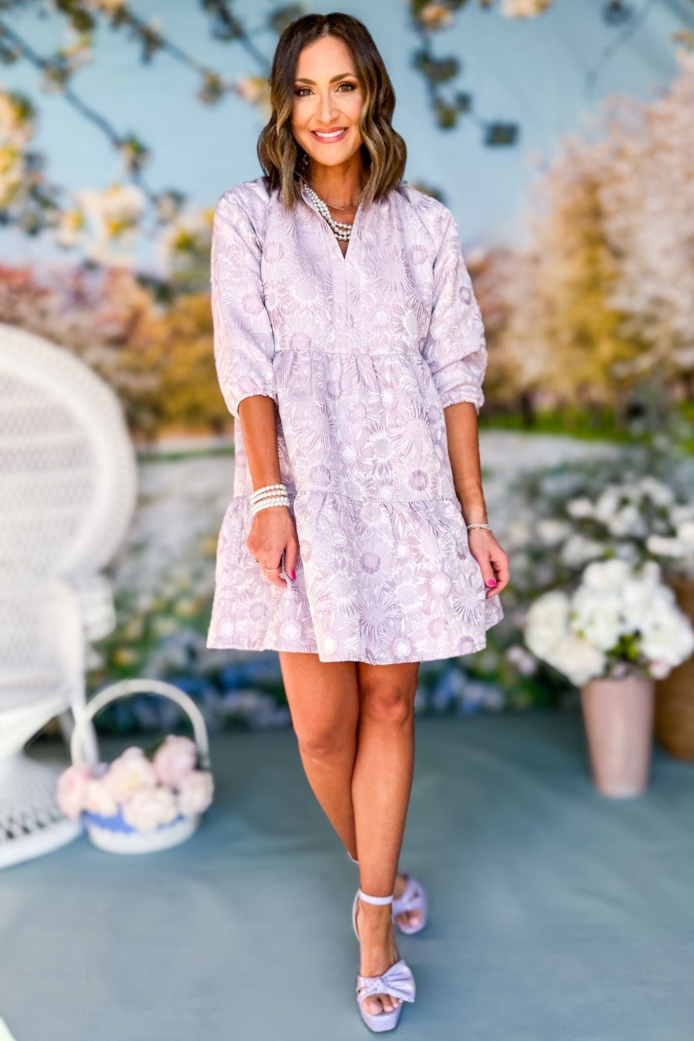 SSYS The Gloria 3/4 Sleeve Tiered Brocade Dress In Lavender, ssys the label, must have dress, brocade dress, easter dress, must have easter dress, spring fashion, mom style, brunch style, church style, shop style your senses by mallory fitzsimmons, ssys by mallory fitzsimmons