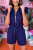 SSYS The Georgia Light Weight Air Ruffle Shoulder Inset Stripe Romper In Navy, ssys the label, spring break romper, spring break style, spring fashion affordable fashion, elevated style, bright style, stripe detail romper, mom style, shop style your senses by mallory fitzsimmons, ssys by mallory fitzsimmons