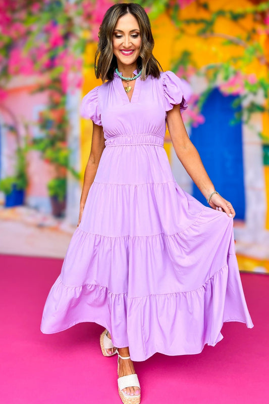 Lavender Split Neck Puff Short Sleeve Tiered Midi Dress, must have dress, elevated dress, vacation style, summer style, spring style, mom style, summer fashion, spring fashion, shop style your senses by Mallory Fitzsimmons, ssys by Mallory Fitzsimmons