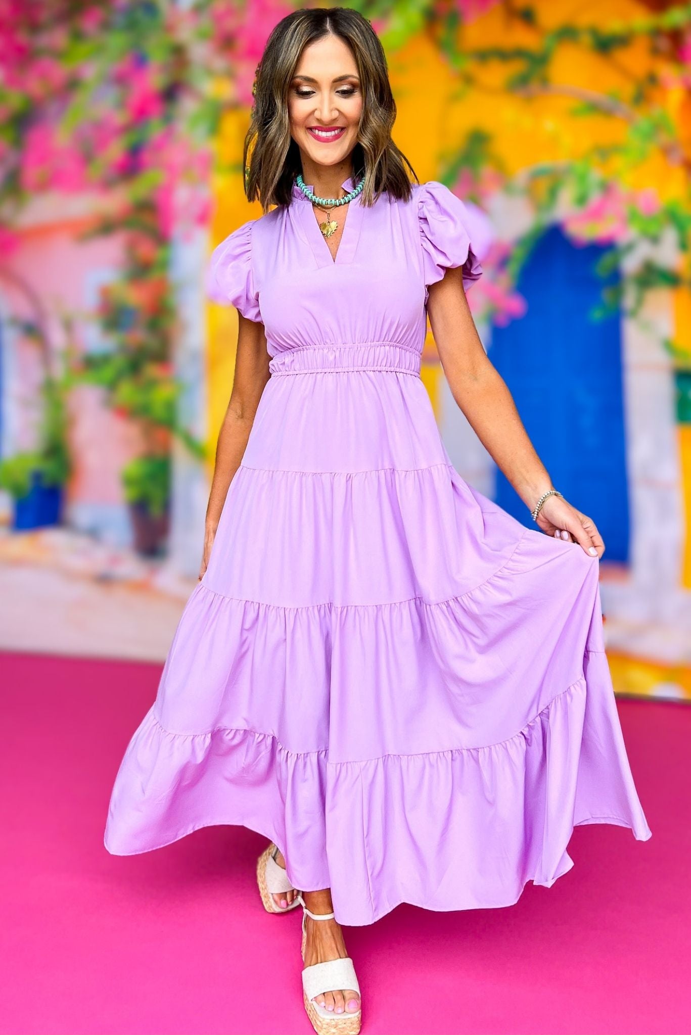 Lavender Split Neck Puff Short Sleeve Tiered Midi Dress, must have dress, elevated dress, vacation style, summer style, spring style, mom style, summer fashion, spring fashion, shop style your senses by Mallory Fitzsimmons, ssys by Mallory Fitzsimmons