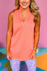 SSYS Bright Melon Sleeveless Frill V Neck Active Top, Spring athleisure, athleisure, elevated athleisure, must have tank top, athletic tank tops, athletic style, mom style, shop style your senses by mallory fitzsimmons, ssys by mallory fitzsimmons