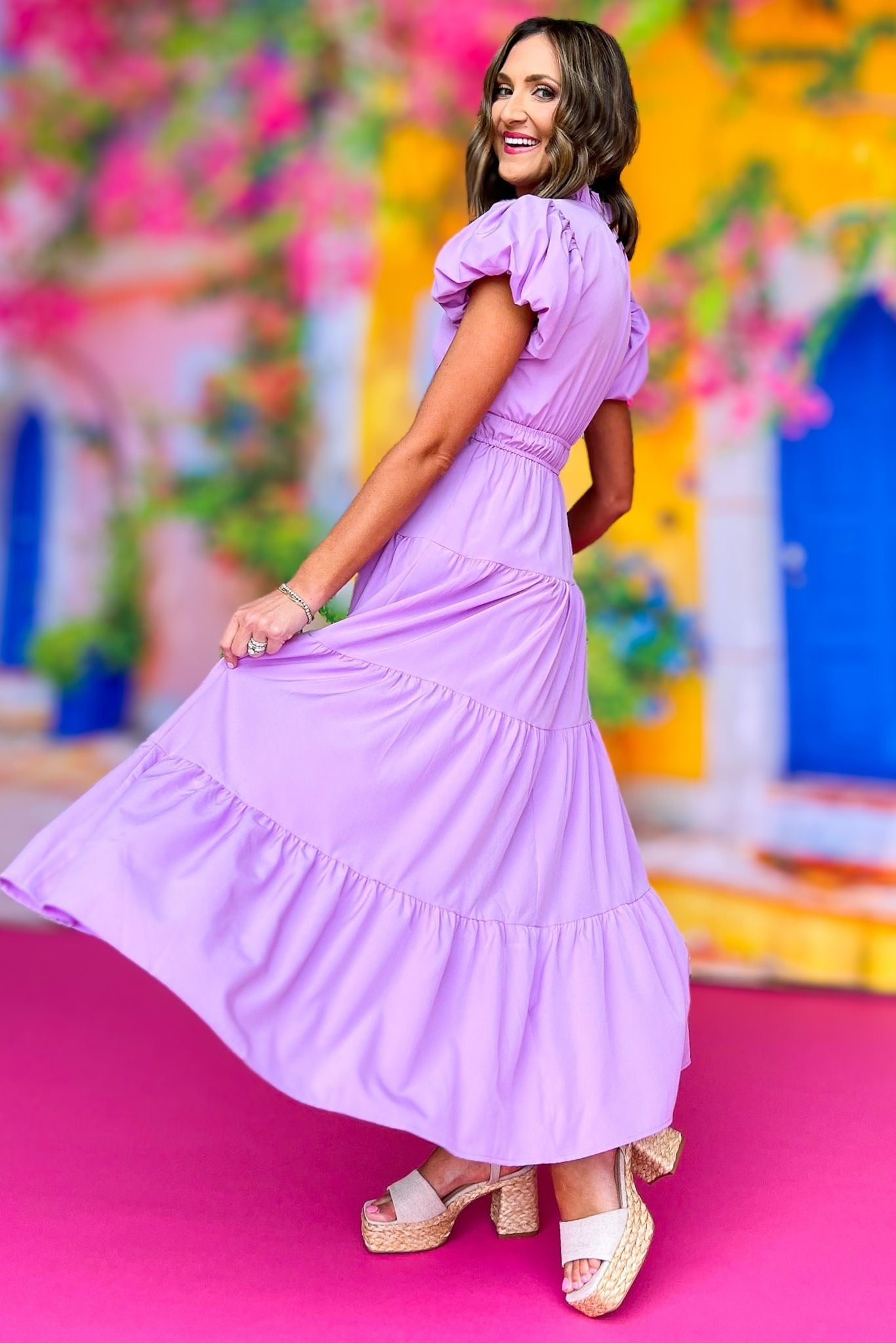 Lavender Split Neck Puff Short Sleeve Tiered Midi Dress, must have dress, elevated dress, vacation style, summer style, spring style, mom style, summer fashion, spring fashion, shop style your senses by Mallory Fitzsimmons, ssys by Mallory Fitzsimmons  Edit alt text