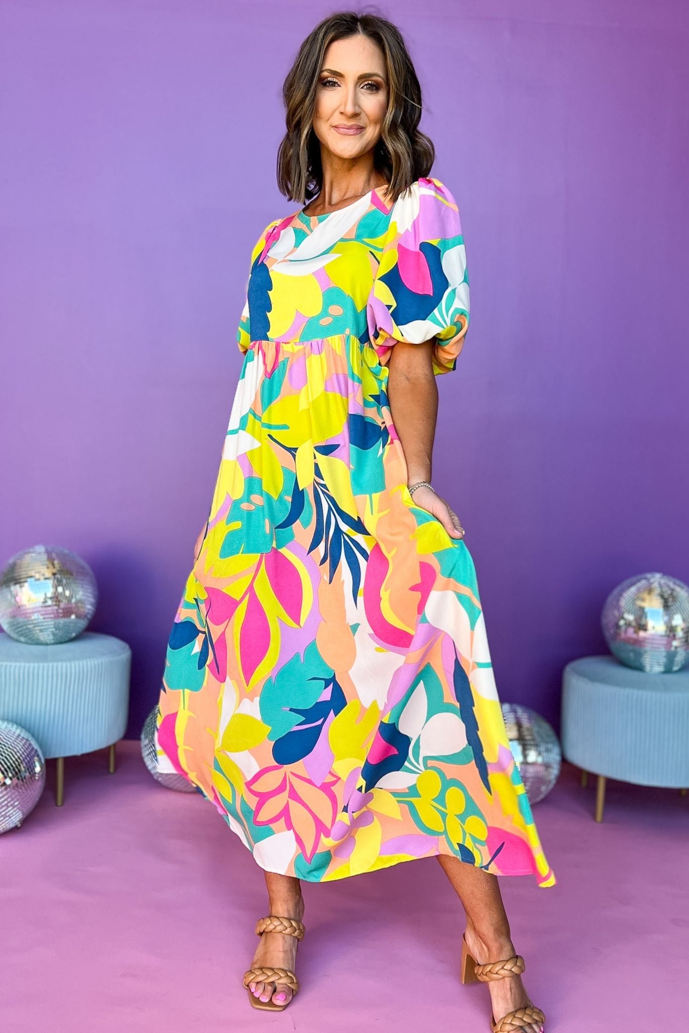 Pink Multi Print Round Neck Short Bubble Sleeve Cut Out Back Dress, tropical dress, beach dress, must have dress, must have style, church style, brunch style, spring fashion, elevated style, elevated style, mom style, shop style your senses by mallory fitzsimmons, ssys by mallory fitzsimmons  Edit alt text