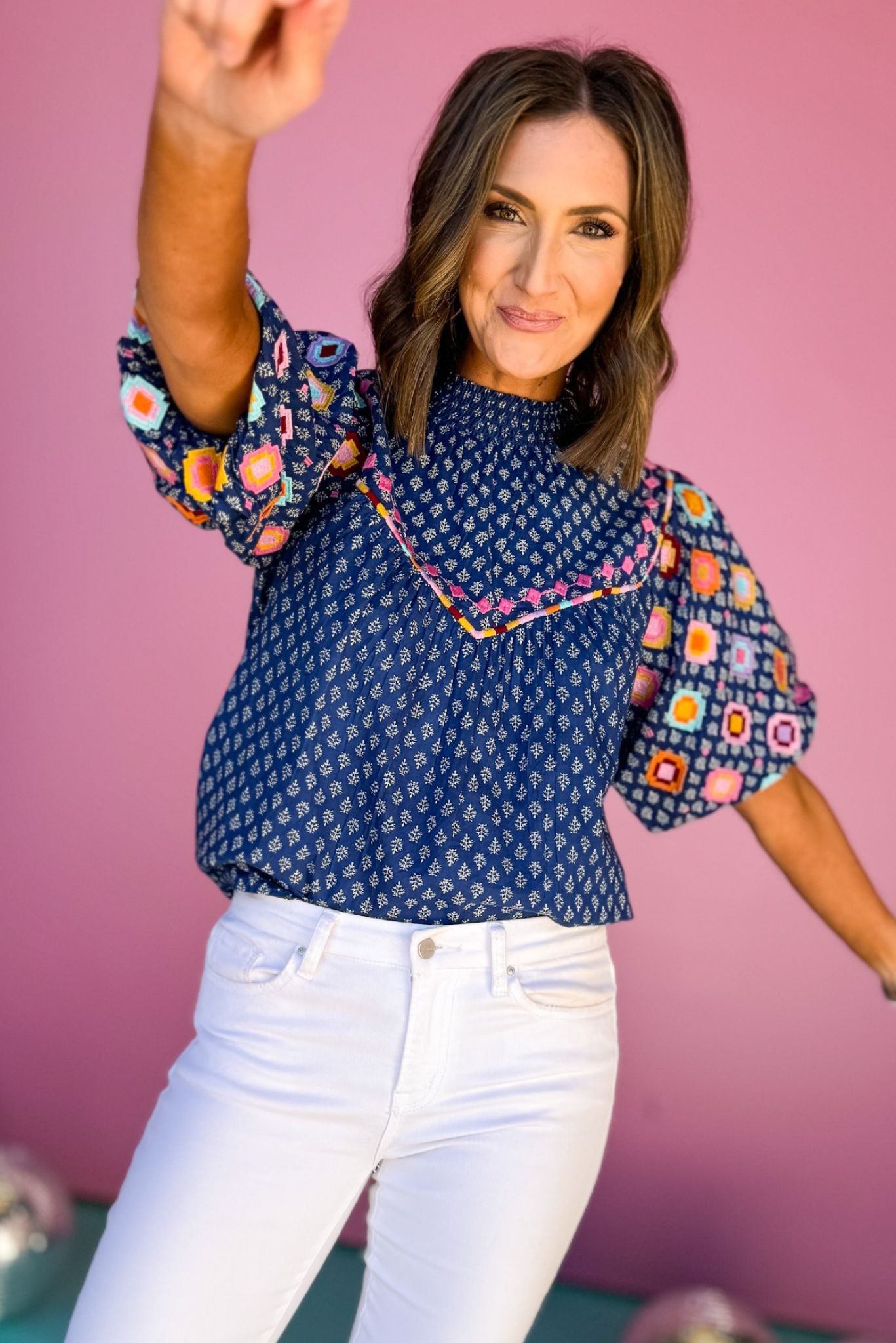 THML Blue Embroidered Multi Print Mock Neck Short Sleeve Top, puff sleeve top, must have top, must have style, brunch style, summer style, spring fashion, elevated style, elevated top, mom style, shop style your senses by mallory fitzsimmons, ssys by mallory fitzsimmons