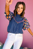 THML Blue Embroidered Multi Print Mock Neck Short Sleeve Top, puff sleeve top, must have top, must have style, brunch style, summer style, spring fashion, elevated style, elevated top, mom style, shop style your senses by mallory fitzsimmons, ssys by mallory fitzsimmons