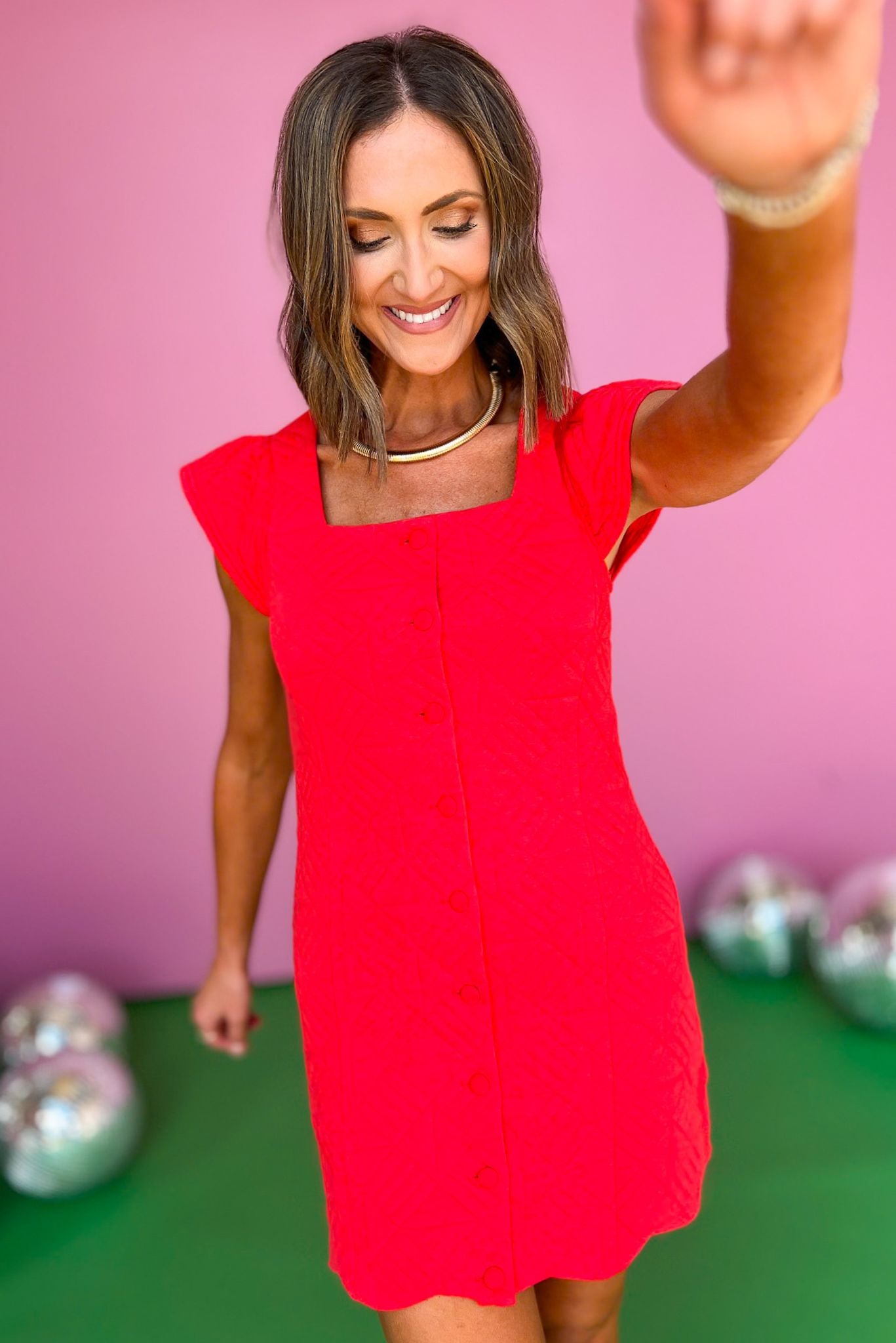 Red Quilted Square Neck Ruffle Sleeve Scallop Hem Dress, quilted dress, classy dress, must have dress, must have style, weekend style, brunch style, spring fashion, elevated style, elevated style, mom style, shop style your senses by mallory fitzsimmons, ssys by mallory fitzsimmons