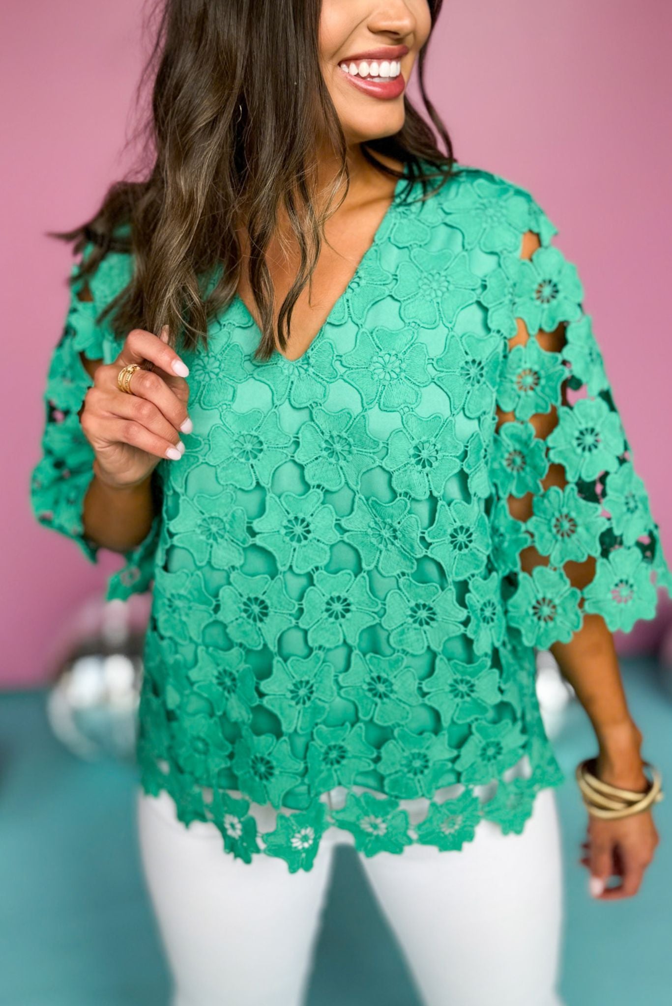 Green V Neck Scalloped Floral Lace 1/2 Sleeve Top, lace top, green top, must have top, must have style, summer style, spring fashion, elevated style, elevated top, mom style, shop style your senses by mallory fitzsimmons, ssys by mallory fitzsimmons Edit alt text