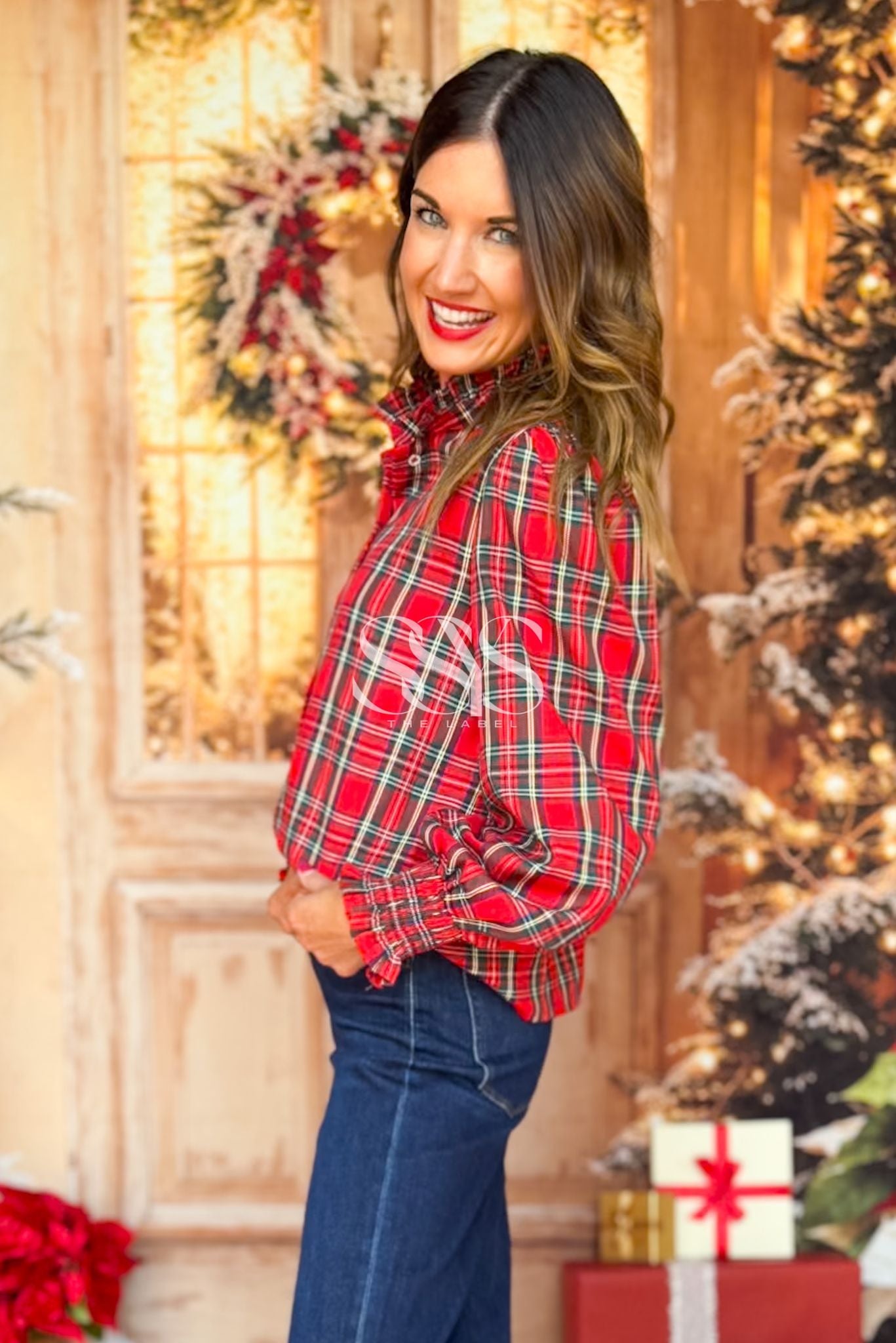 SSYS Serena Plaid Puff Smocked Long Sleeve Button Down Top In Red