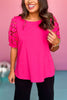 Hot Pink Round Neck Circle Lace Overlay Sleeve Top, lace detail top, must have top, must have style, summer style, spring fashion, elevated style, elevated top, mom style, shop style your senses by mallory fitzsimmons, ssys by mallory fitzsimmons  Edit alt text