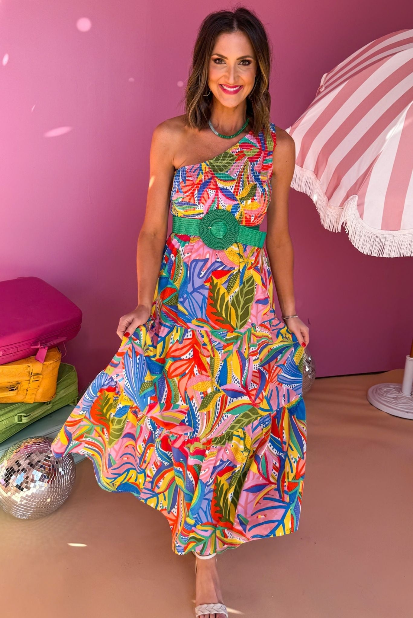 White Multi Floral Printed Smocked One Shoulder Maxi Dress, must have dress, vacation dress, summer dress, elevated dress, printed dress, summer style, vacation style, Cabo collection shop style your senses by mallory fitzsimmons