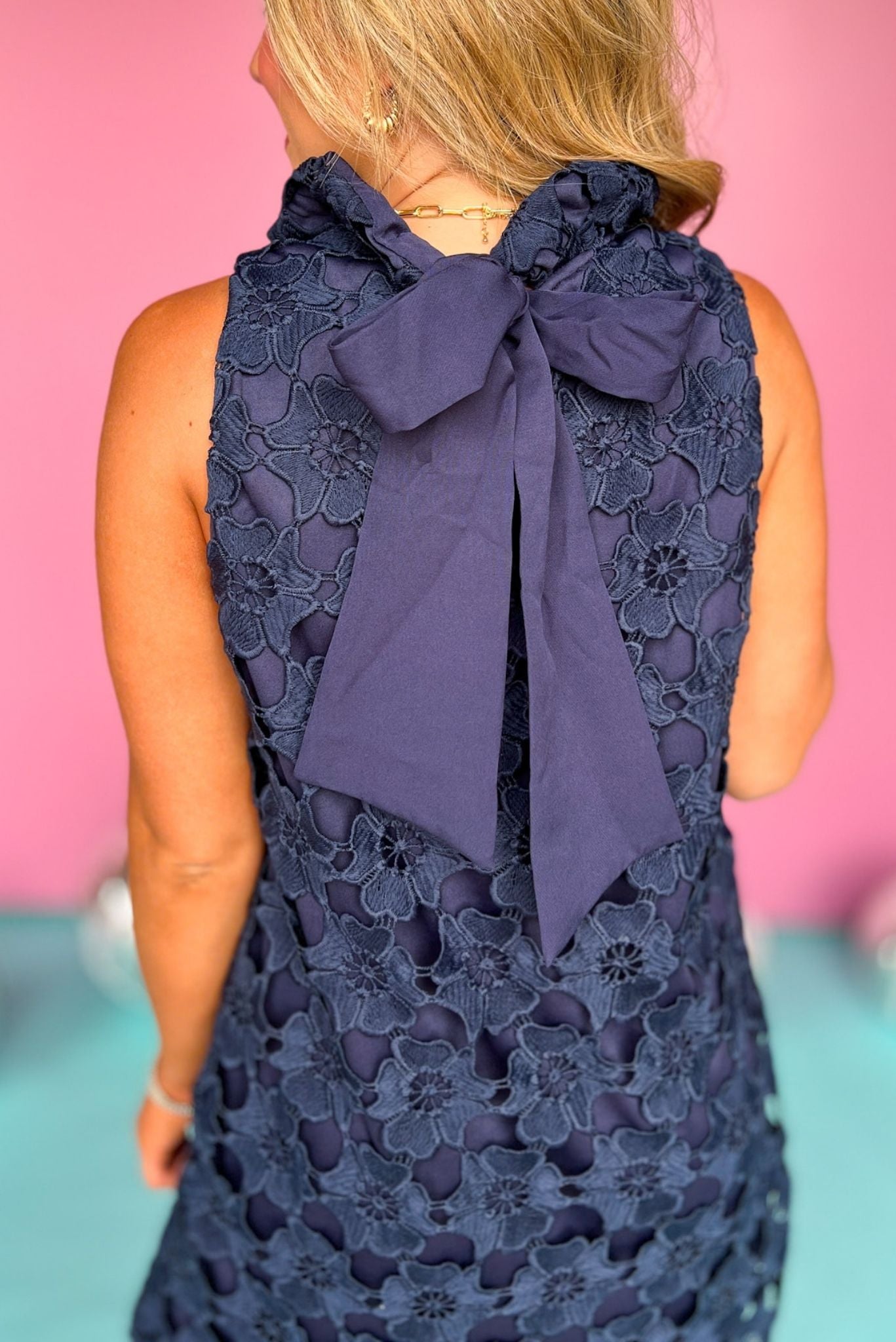 Navy Floral Lace High Neck Sleeveless Back Bow Dress, bow dress, lace dress, must have dress, must have style, weekend style, brunch style, spring fashion, elevated style, elevated style, mom style, shop style your senses by mallory fitzsimmons, ssys by mallory fitzsimmons Edit alt text