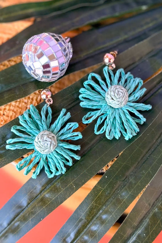 Green Raffia Wrapped Flower Dangle Earrings, accessory, earrings, must have earrings, ssys by mallory fitzsimmons