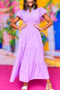 Lavender Split Neck Puff Short Sleeve Tiered Midi Dress, must have dress, elevated dress, vacation style, summer style, spring style, mom style, summer fashion, spring fashion, shop style your senses by Mallory Fitzsimmons, ssys by Mallory Fitzsimmons  Edit alt text