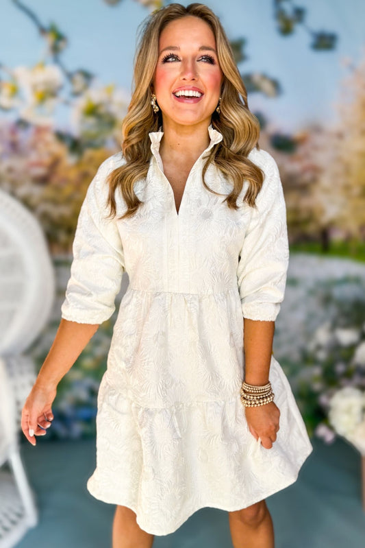 SSYS The Gloria 3/4 Sleeve Tiered Brocade Dress In Ivory, ssys the label, must have dress, brocade dress, easter dress, must have easter dress, spring fashion, mom style, brunch style, church style, shop style your senses by mallory fitzsimmons, ssys by mallory fitzsimmons