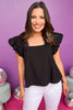 Black Sqaure Neck Flutter Sleeve Eyelet Detail Top, lace detail top, black top, must have top, must have style, brunch style, summer style, spring fashion, elevated style, elevated top, mom style, shop style your senses by mallory fitzsimmons, ssys by mallory fitzsimmons