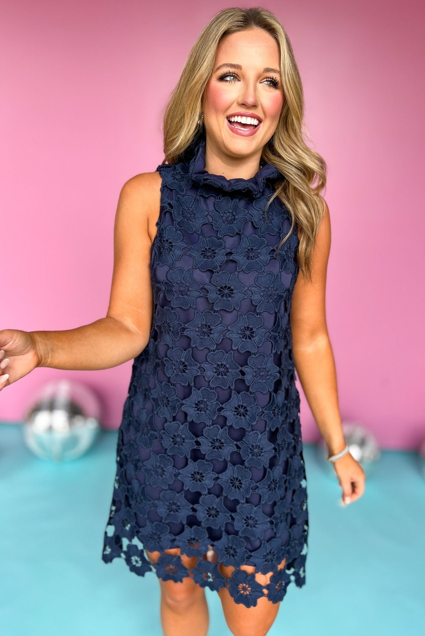 Navy Floral Lace High Neck Sleeveless Back Bow Dress, bow dress, lace dress, must have dress, must have style, weekend style, brunch style, spring fashion, elevated style, elevated style, mom style, shop style your senses by mallory fitzsimmons, ssys by mallory fitzsimmons Edit alt text