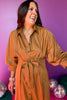 Camel Button Front Tie Waist Collared Midi Dress, must have dress, must have style, winter style, winter fashion, elevated style, elevated dress, mom style, winter collection, winter dress, shop style your senses by mallory fitzsimmons