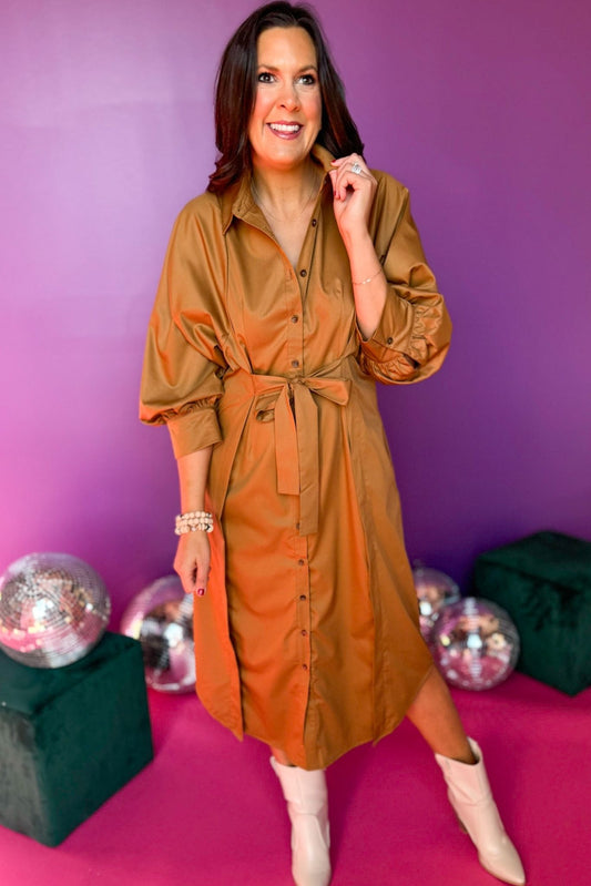 Camel Button Front Tie Waist Collared Midi Dress, must have dress, must have style, winter style, winter fashion, elevated style, elevated dress, mom style, winter collection, winter dress, shop style your senses by mallory fitzsimmons
