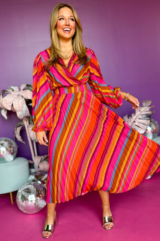 Magenta Abstract Printed Collared V Neck Pleated Midi Dress, stripe dress, pleated dress, spring fashion, must have dress, must have style, church style, spring fashion, elevated style, elevated dress, mom style, work dress, shop style your senses by mallory fitzsimmons, ssys by mallory fitzsimmons