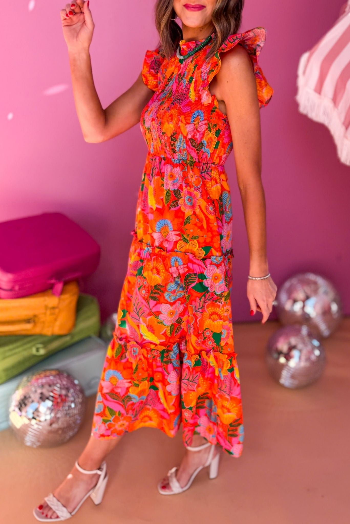 Orange Floral Printed Smocked Flutter Sleeve Midi Dress, must have dress, vacation dress, summer dress, elevated dress, printed dress, summer style, vacation style, Cabo collection shop style your senses by mallory fitzsimmons