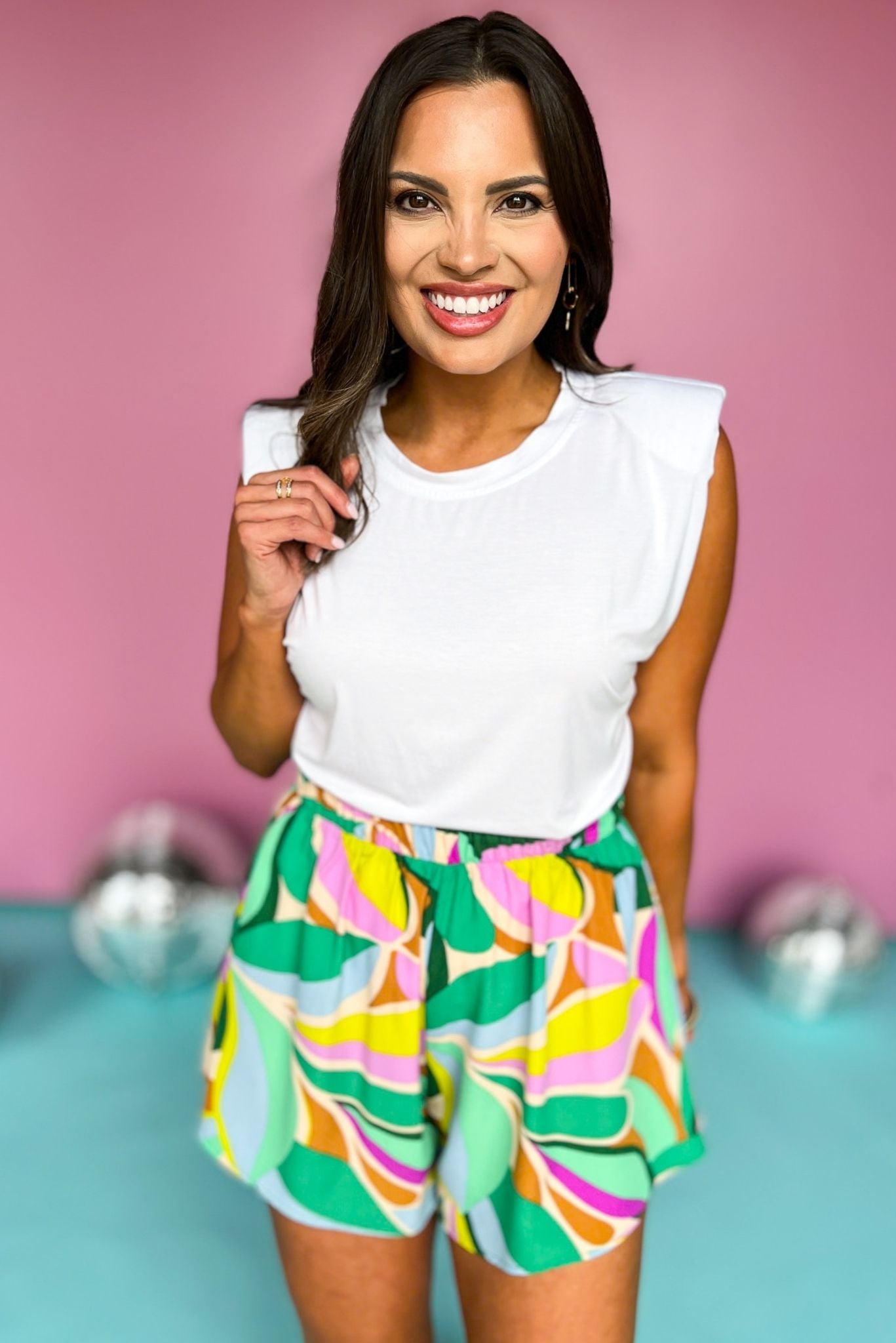 Green Multi Abstract Elastic Waist Swing Shorts, printed shorts, must have shorts, elevated shorts, spring fashion, spring shorts, mom style, summer fashion, shop style your senses by Mallory Fitzsimmons, ssys by Mallory Fitzsimmons  Edit alt text