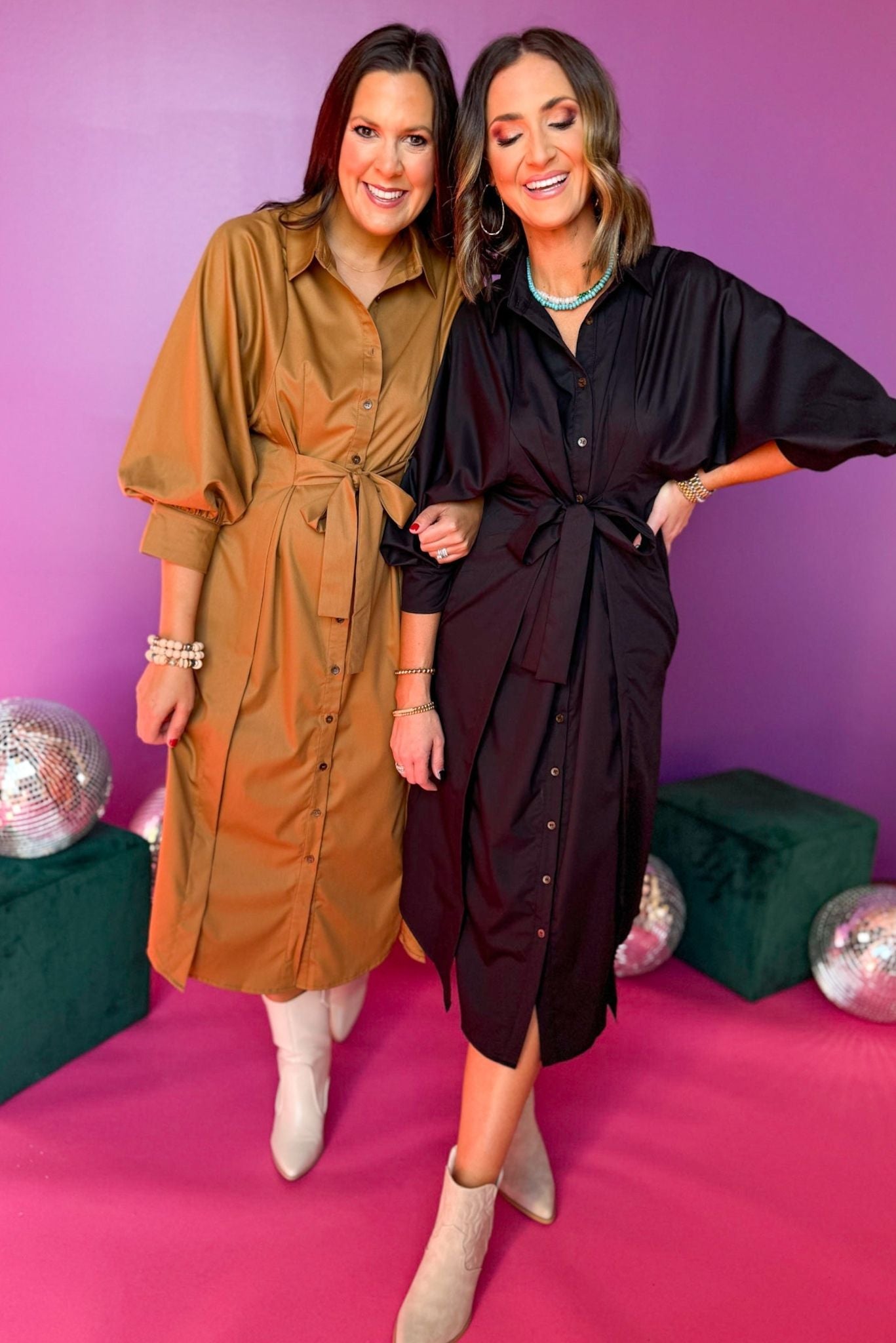Camel Button Front Tie Waist Collared Midi Dress, must have dress, must have style, winter style, winter fashion, elevated style, elevated dress, mom style, winter collection, winter dress, shop style your senses by mallory fitzsimmons