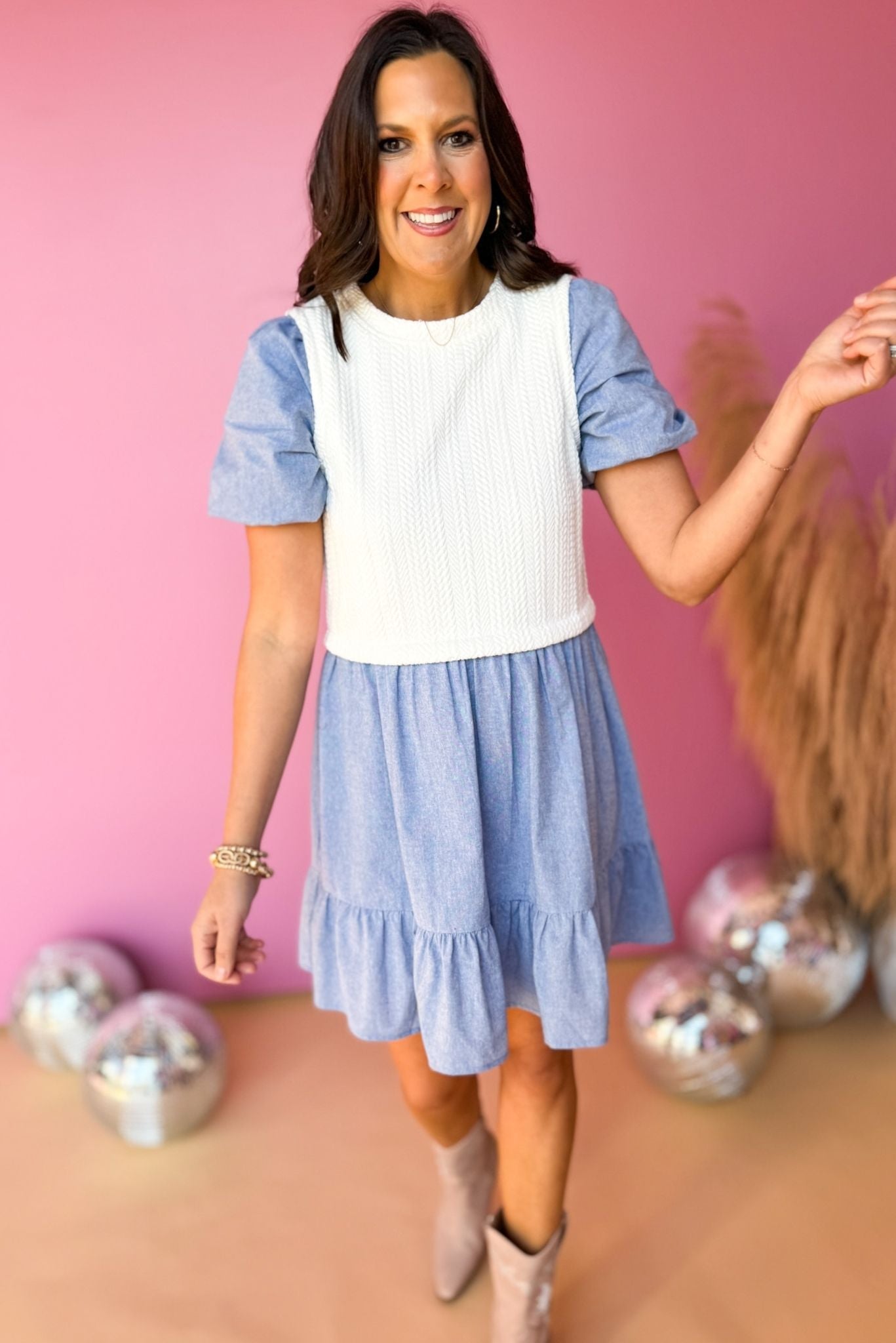 Blue Textured Bodice Denim Short Sleeve Tiered Dress, Western dress, western style, rodeo style, concert style, must have concert, must have style, elevated dress, elevated style, spring style, mom style, shop style your senses by Mallory Fitzsimmons, says by Mallory Fitzsimmons