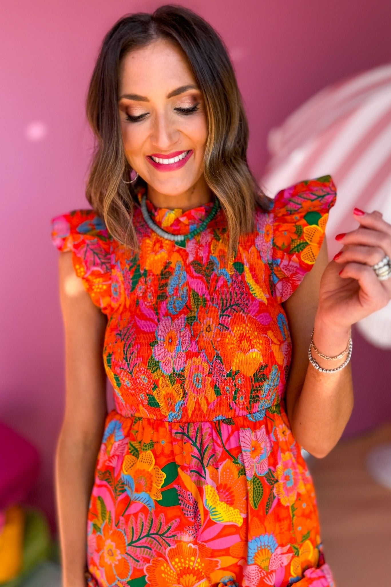 Orange Floral Printed Smocked Flutter Sleeve Midi Dress, must have dress, vacation dress, summer dress, elevated dress, printed dress, summer style, vacation style, Cabo collection shop style your senses by mallory fitzsimmons