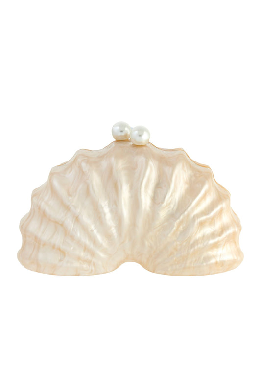 Cream Acrylic Shell Pearl Embellished Evening Clutch
