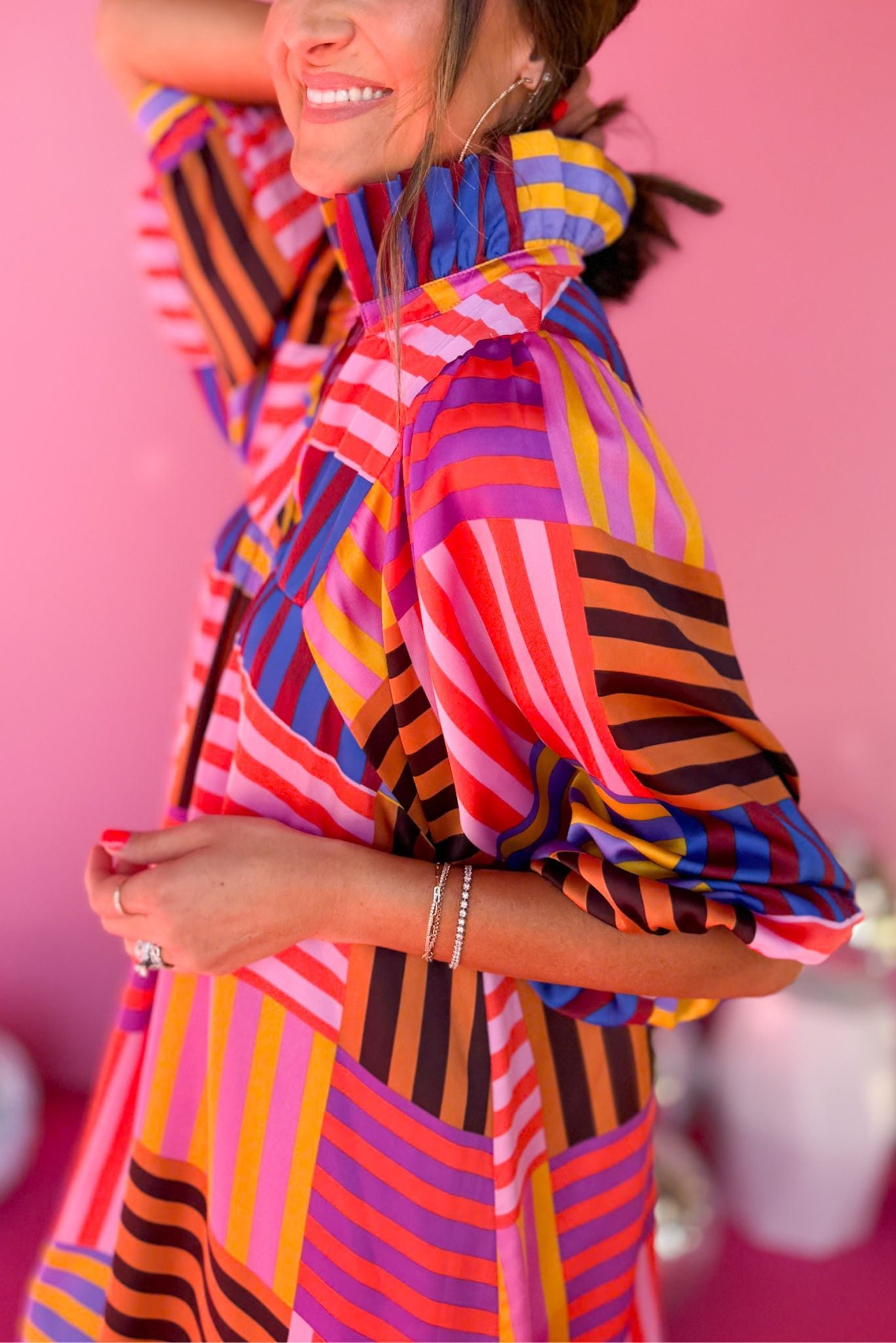 Lavender Multi Stripe Print High Ruffle Collar V Neck Dress, must have dress, must have style, coming soon, spring fashion, elevated style, elevated dress, mom style, spring collection, spring dress, shop style your senses by mallory fitzsimmons