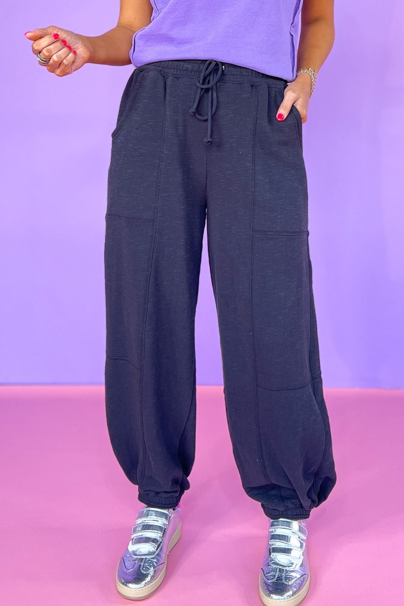 Black High Rise Elastic Drawstring Waist Cuff Hem Sweatpants, pockets, lounge wear, casual pants, ssys by mallory fitzsimmons