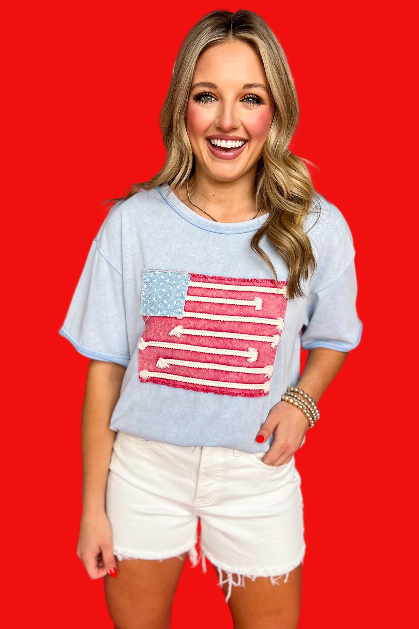 Blue Drop Shoulder Natural Hem Short Sleeve American Flag Top, t-shirt, must have tee, elevated tee, Fourth of July style, must have style, patriotic style, summer style, summer top, ssys by MALLORY FITZSIMMONS