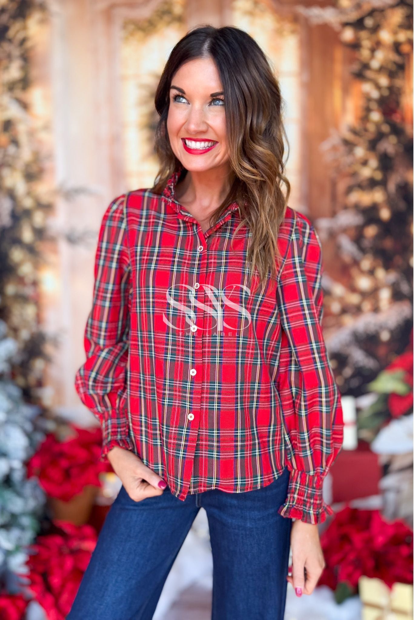 SSYS Serena Plaid Puff Smocked Long Sleeve Button Down Top In Red