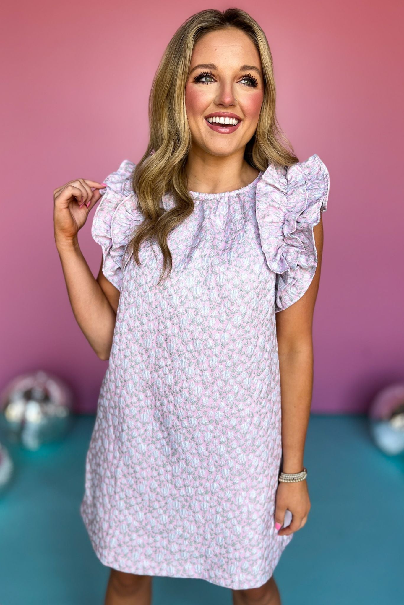 Pink Round Neck Ruffle Shoulder Dress, ruffle dress, must have dress, must have style, weekend style, brunch style, spring fashion, elevated style, elevated style, mom style, shop style your senses by mallory fitzsimmons, ssys by mallory fitzsimmons