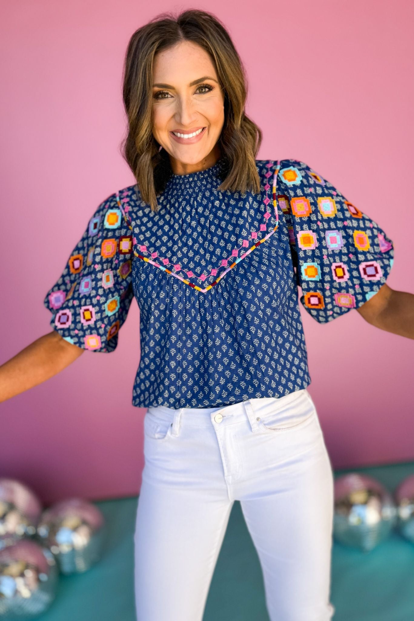 THML Blue Embroidered Multi Print Mock Neck Short Sleeve Top, puff sleeve top, must have top, must have style, brunch style, summer style, spring fashion, elevated style, elevated top, mom style, shop style your senses by mallory fitzsimmons, ssys by mallory fitzsimmons