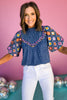 THML Blue Embroidered Multi Print Mock Neck Short Sleeve Top, puff sleeve top, must have top, must have style, brunch style, summer style, spring fashion, elevated style, elevated top, mom style, shop style your senses by mallory fitzsimmons, ssys by mallory fitzsimmons