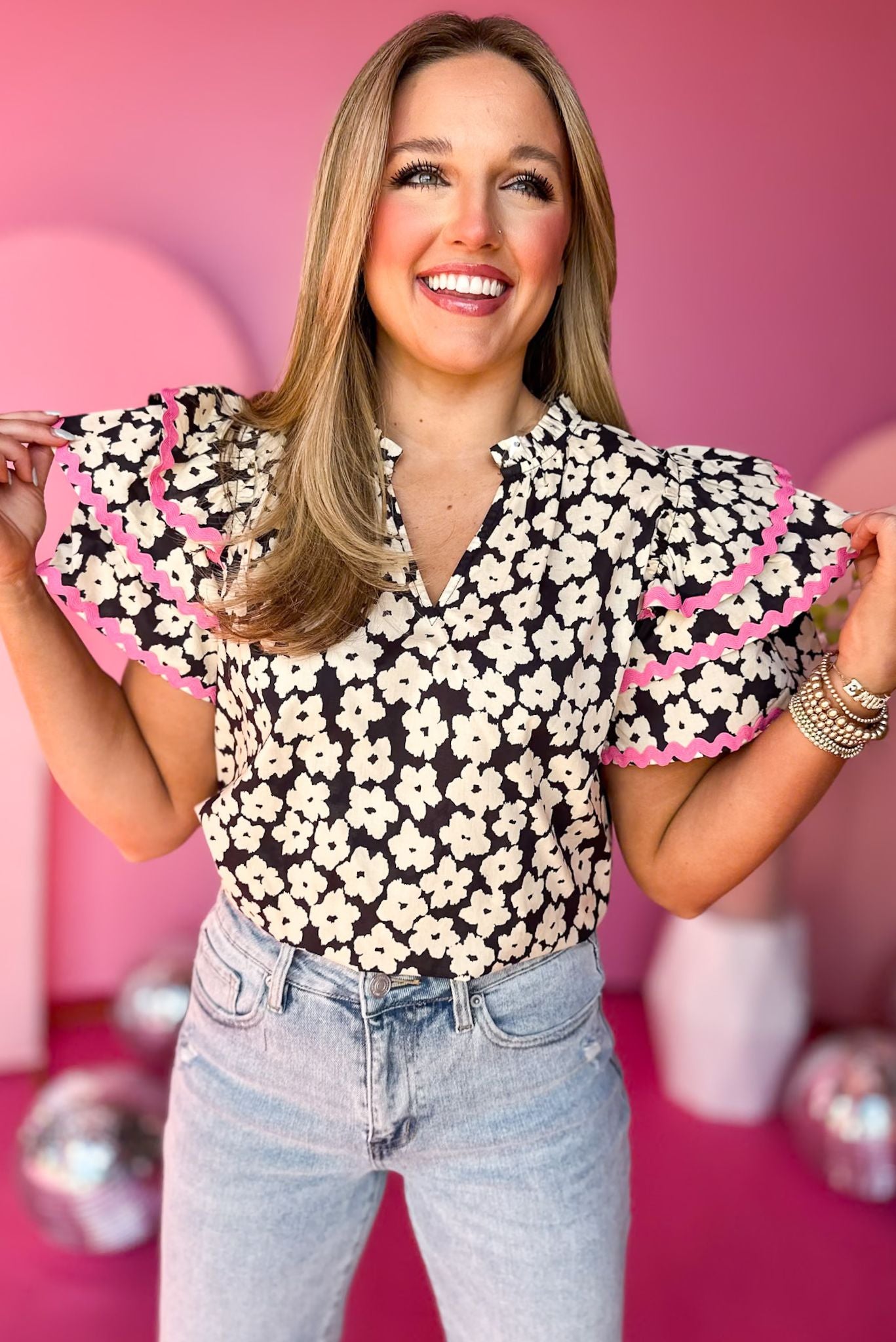 Black Floral Printed Split Neck Triple Ruffle Short Sleeve Top, must have top, must have style, office style, spring fashion, elevated style, elevated top, mom style, work top, shop style your senses by mallory fitzsimmons