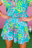Emily McCarthy Teal Multi Print Mid Rise Flat Front Waist Pleated Shorts